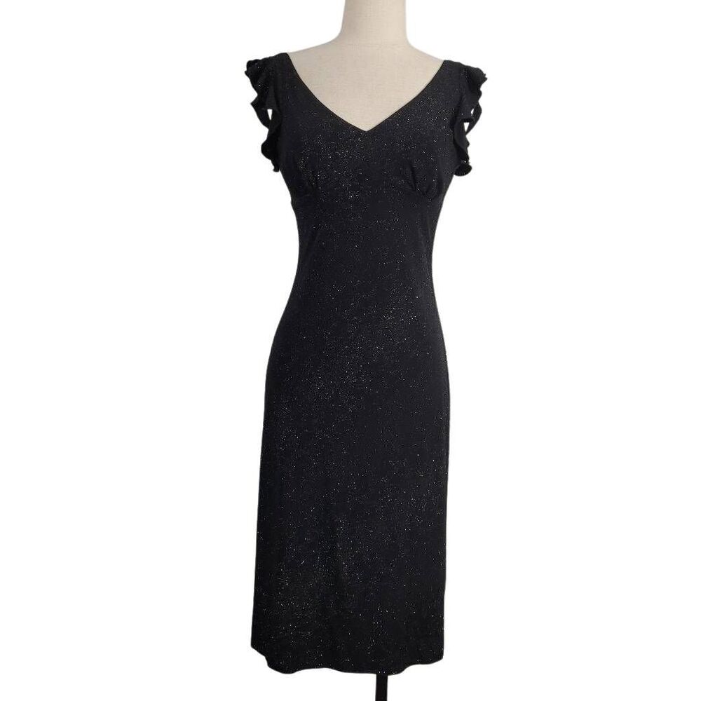 Vtg 90s Y2K La Belle Black Glittery Babydoll Dress‎ Sz S Textured Velvet Ruffle